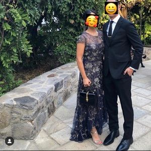 Marchesa Notte Hilo navy gold embellished dress